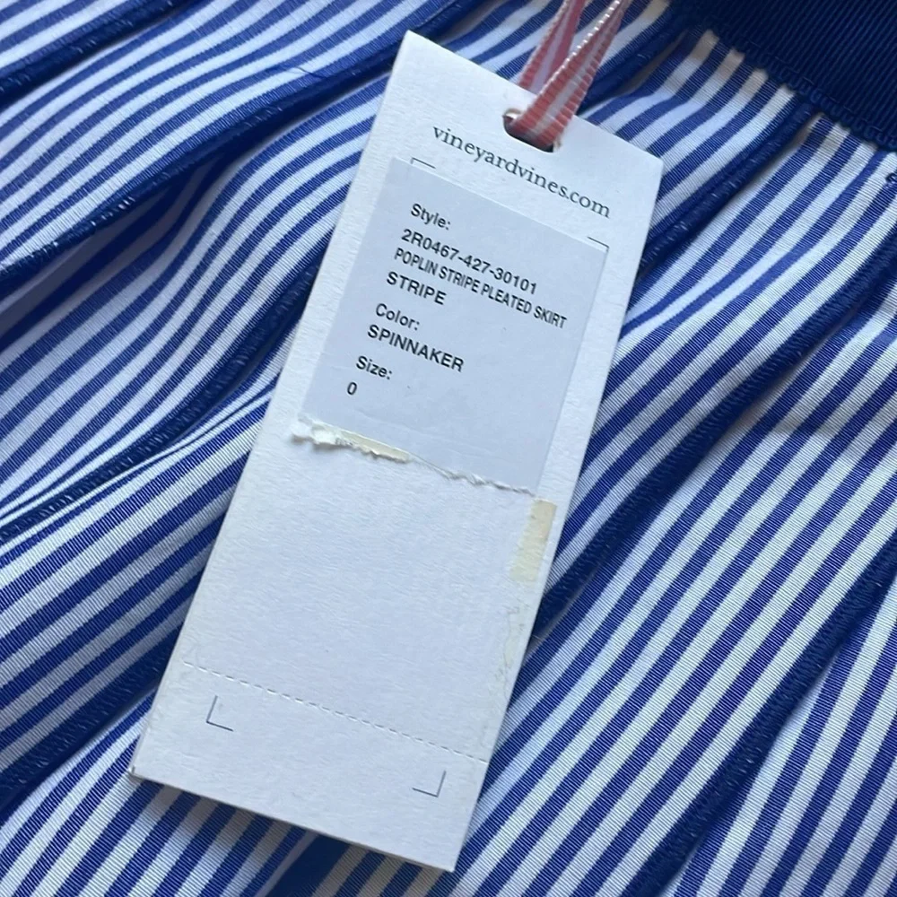 NWT Vineyard Vines Poplin Stripe Pleated A-Line Stripe Skirt Size 0 Blue White